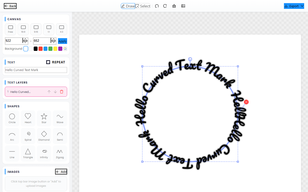 Circle text being curved live in the CurvedTextMaker editor