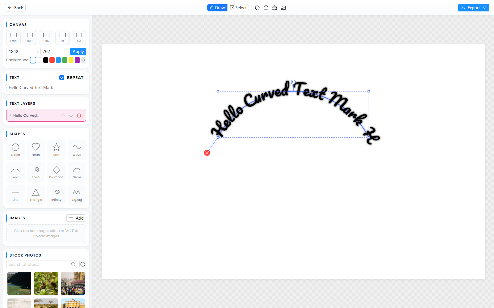 CurvedTextMaker's arc editor with sample text following an arched path in real time