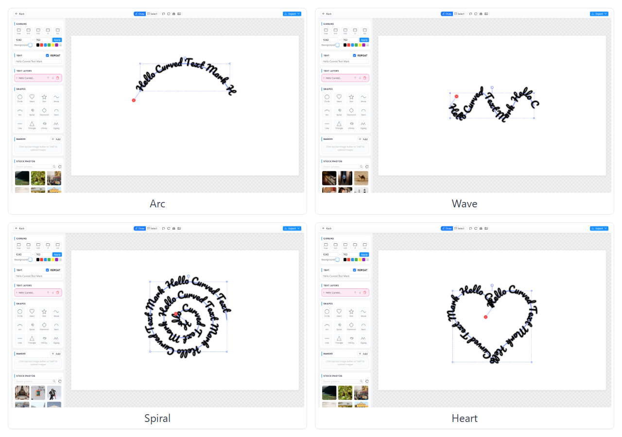 Arc, wave, spiral and heart text variants CurvedTextMaker renders from presets that would each need a hand-drawn path in GIMP