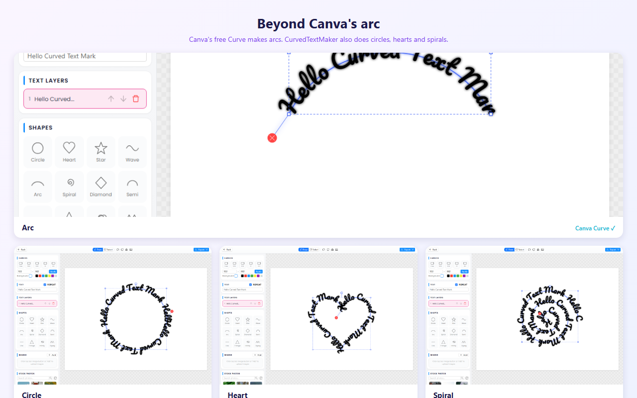 CurvedTextMaker's arc, circle, heart and spiral text — waves, spirals and hearts still need a hand-drawn path in Illustrator