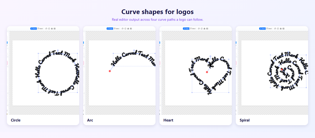 The CurvedTextMaker editor showing the same text on four curve paths: circle, arc, heart and spiral